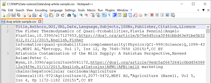 "En CSV-fil med DOAJ metadata om tidskriftartikler i Notepad++"