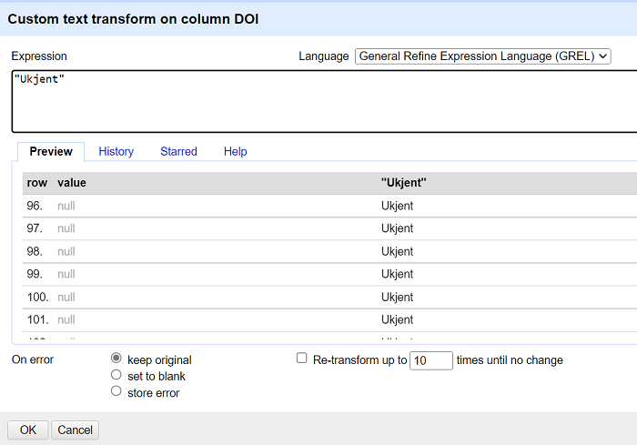 "Endre verdier med Transforms... i OpenRefine"